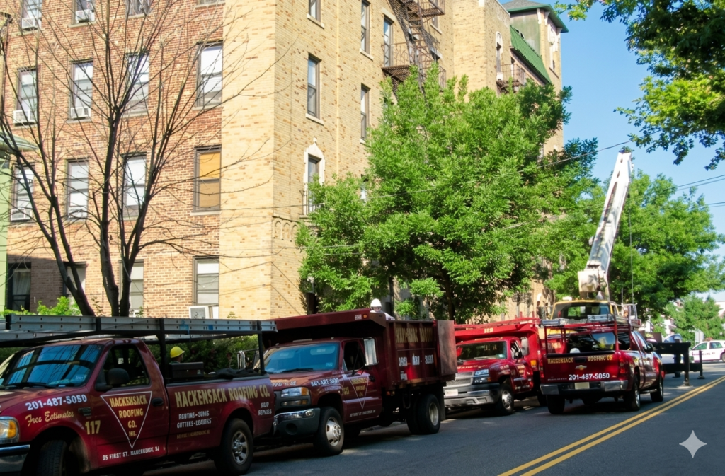 Hackensack Roofing Company trucks parked at a commercial roofing job