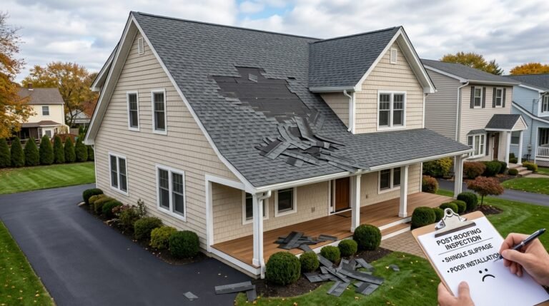 Poorly installed shingles falling off a new roof